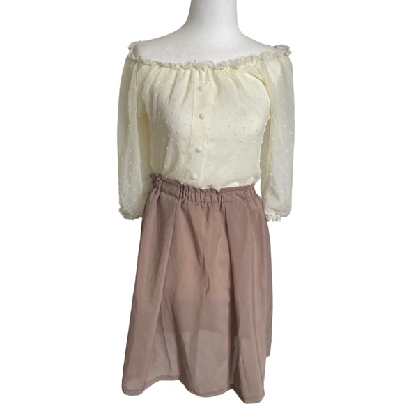 NWT DD&JJ Swiss dot cream and brown off-the-shoulder 3/4 sleeve polka dot dress - Picture 2 of 14